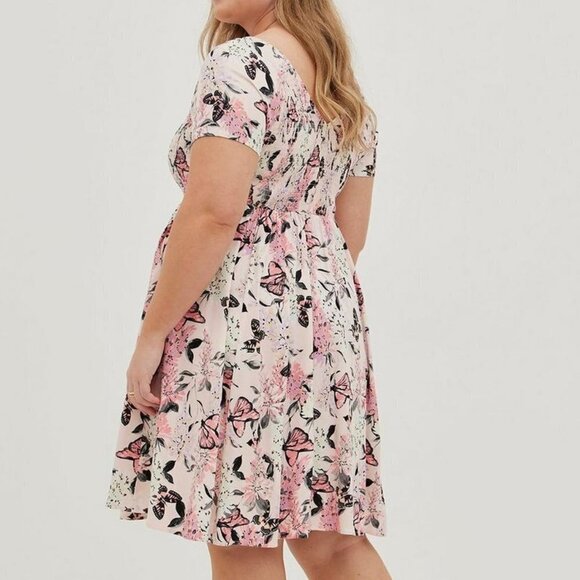 Torrid Mini Challis Smocked Skater Dress Pink Floral Butterfly 0 - Picture 8 of 9